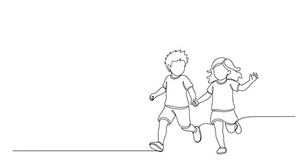 Continuous line drawing of two children running, holding hands and enjoying their carefree childhood