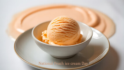 A scoop of peach ice cream in a white bowl on a plate, celebrating National Peach Ice Cream Day