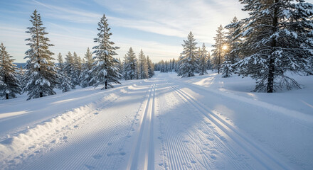 Obraz premium Winter landscape features snow covered trees and a peaceful scene. Winter landscape showcases a sunlit trail cutting through snow, highlighting nature's quiet beauty.