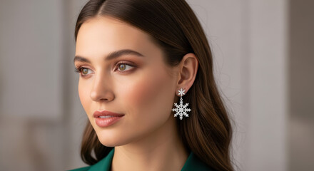 Snowflake earrings on model with elegant look, showing jewelry for special occasion. Snowflake earrings sparkle, perfect for adding wintry touch, seen on a stylish woman.