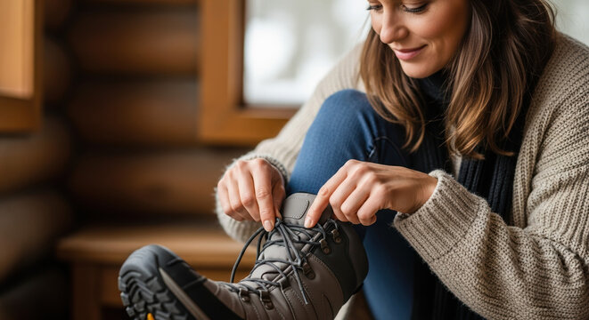 Woman tying hiking boots before outdoor adventure, she prepares for trekking. Tying hiking boots snugly ensures comfort and stability for tough terrain, this action readies her for outdoor activity.