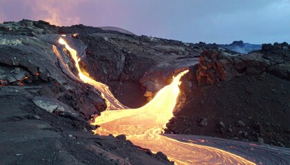 Glowing Golden Lava Waterfall Flowing Down Volcanic Rocks at Night