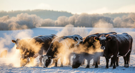 Cows on snowy field in winter, grazing despite cold. Cows in winter environment, with snow covering landscape, eat grass, creating a picturesque scene of rural life.