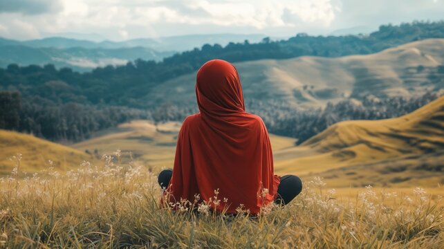 A woman in a red hijab finds a moment of tranquility while sitting on a hilltop enjoying the scenic mountain view