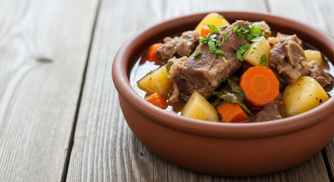 Hearty Irish stew with beef and vegetables in rustic bowl on wooden table. Homemade Irish stew simmers with tender beef, potatoes, carrots, and herbs in broth. - Powered by Adobe
