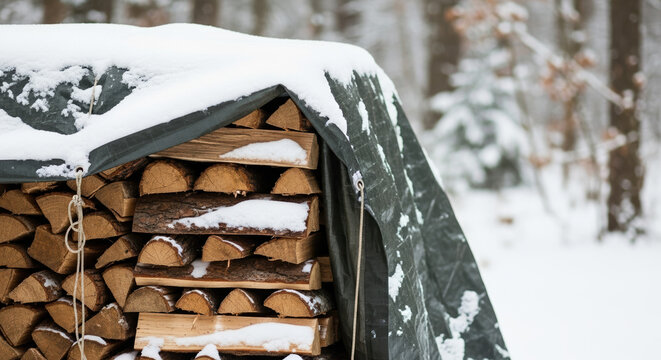 Stacked firewood ready for winter with snow on top and tarpaulin covering it from elements. Winter storage includes chopped wood stacked outside under cover, ready for burning.