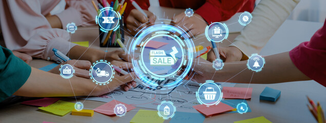 Flash sale icons show ecommerce, flash sale discount, and digital promotion. Flash sale drives...