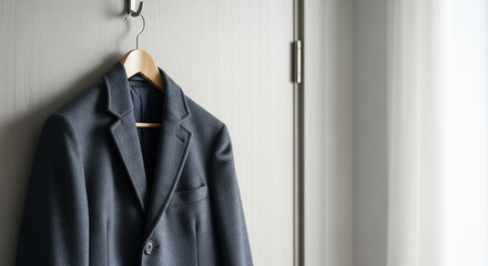 Dark suit jacket, professional attire hangs on hook against neutral door, ready for business. Suit jacket is symbol for interviews and work attire, promising success.