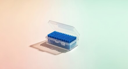 Single Micropipette Tip Box on Clean Pastel Laboratory Background with Soft Shadow