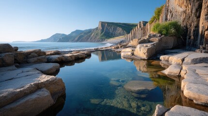 Rocky coastline with shallow tidal pool reflecting clear blue sky and rugged cliffs under bright sunlight creating a serene natural landscape
