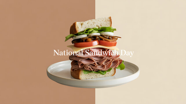 A stacked sandwich with deli meat, tomatoes, onions, and lettuce on a plate, celebrating National Sandwich Day