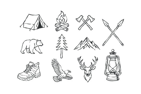 Vintage Outdoor Camping Line Art Icons Hand Drawn Adventure and Hiking Set For travel Outdoor Badges or Wilderness Branding