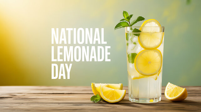 National Lemonade Day celebration with a refreshing lemonade drink garnished with lemon slices and mint on a wooden table. - Powered by Adobe