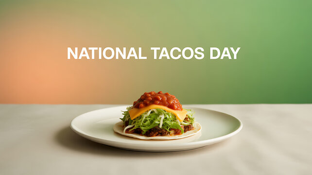 A taco with lettuce, cheese, and salsa on a white plate celebrating National Tacos Day - Powered by Adobe