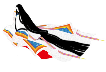 日本の伝統的な正装の十二単の衣装。　着物を着て見返る高貴な女性。