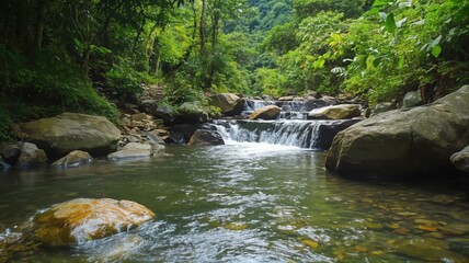 Fototapeta premium Tranquil River Flowing Through Lush Green Forest Landscape