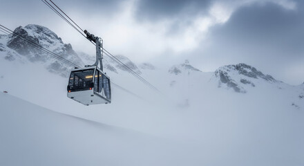 Cable car climbs snowy mountains. Cable car in action near steep mountain peaks, enveloped in mist and snow. Scenic cable car transports passengers to high-altitude ski resorts during winter season.