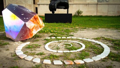 Iridescent Crystal Shard Sculpture on Grassy Ground with Spiral Pattern