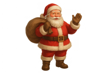 Santa claus waving hello, carrying a sack full of christmas gifts, wishing happy holidays, full length illustration