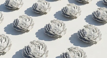 White Succulent Flowers Arrangement on White Background with Shadows Modern Botanical Decor