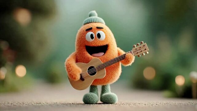 Fruid loops orange cartoon character playing a guitar with hat and shoes, great for musicthemed designs for childrens products or educational materials.