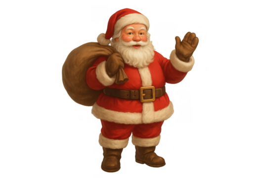 Santa claus waving hello, carrying a sack full of christmas gifts, wishing happy holidays, full length illustration