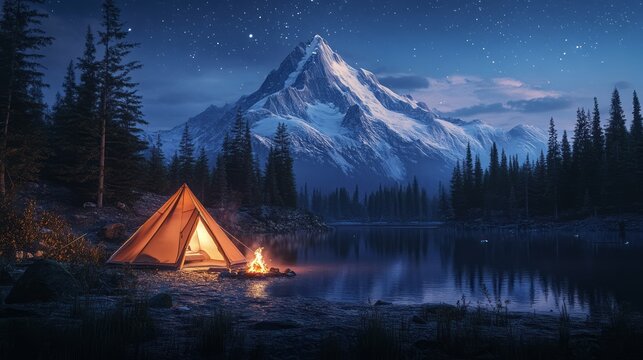 Warm tent illuminated beside calm mountain lake under a starry night sky with forest reflections, representing peace, solitude, and the harmony of travel connection with the natural wilderness at dusk
