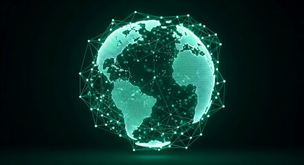 Glowing green Earth orb surrounded by interconnected nodes and geometric network lines in cyberspace