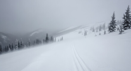 Obraz premium Snowy mountain landscape with trees under overcast sky