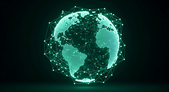 Glowing green Earth orb surrounded by interconnected nodes and geometric network lines in cyberspace