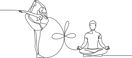 Yoga and meditation illustration—two individuals in advanced and seated poses connected by flowing line, minimalist black-and-white vector art