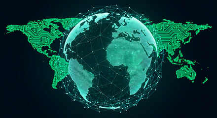 Glowing green globe with networked lines on a dark backdrop symbolizing digital global connectivity