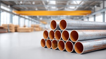 Stacked Industrial Steel Pipes in a Brightly Lit Warehouse with Overhead Crane and Wooden Pallets in Background