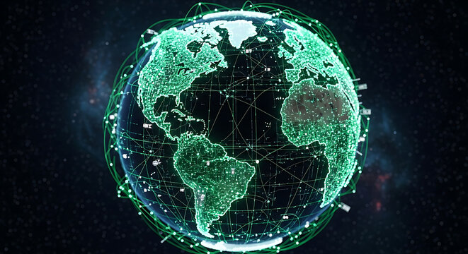 Glowing green globe with network lines orbiting in space, globally connected data visualization now