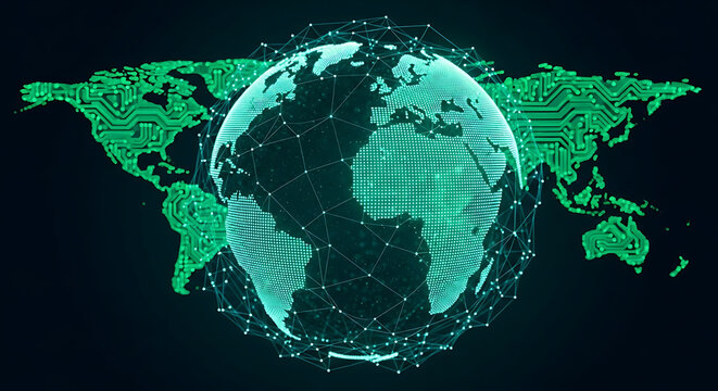 Glowing green globe with networked lines on a dark backdrop symbolizing digital global connectivity