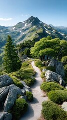 Scenic Mountain Trail Winding Through Greenery Towards Snow Capped Peak Under Clear Blue Sky and Bright Sunlight