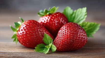 Three Ripe Red Strawberries With Green Leaves and Stems Arranged Artfully On A Textured Wooden Surface With Soft Natural Lighting