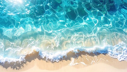 Top View Of Crystal Clear Turquoise Ocean Water Gently Washing Over A Sandy Beach With Bright Sunlight Glinting On The Surface