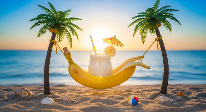 Banana hammock with cocktail on beach with palm trees at sunset time
