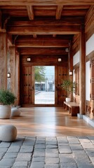 Traditional Wooden Temple Entrance Gate With Intricate Carvings and Stone Pavement Detailed Architectural View in Warm Sunlight