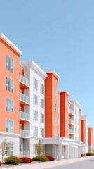 Vibrant Orange and White Modern Apartment Buildings with Clear Blue Sky and Lush Green Landscaping on a Sunny Day