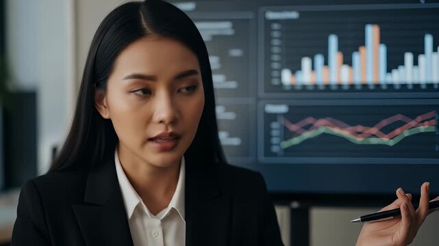 Focused woman analyses charts, holding pen, dressed formally in business attire
