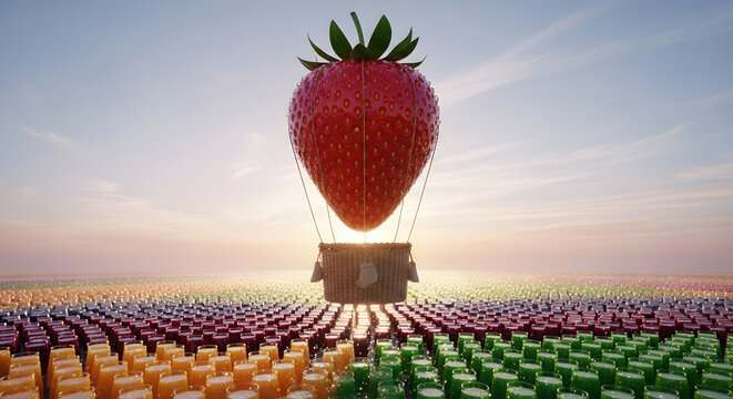 A strawberry hot air balloon floats above a field of colorful candy cubes - Powered by Adobe