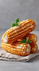 Warm Daylight Still Life Stacked Sweet Corn Cobs Dusted With Sugar And Garnished With Mint Leaves On Rustic Fabric And Gray Textured Background