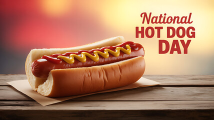 A hot dog with mustard and ketchup on a wooden surface, celebrating National Hot Dog Day