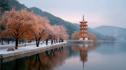 Winter Landscape Serene Pagoda Reflection on Calm Lake Amidst Snow-Dusted Trees and Rolling Hills Under Overcast Sky
