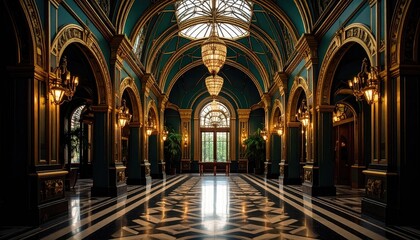 Obraz premium Art Deco Foyer with Golden Arches and Deep Emerald Walls Featuring a Central Hallway