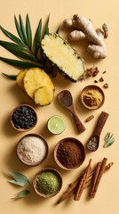 Professional top view of tropical wellness ingredients arranged artistically, 8K natural lighting, spa and health branding theme with copy space