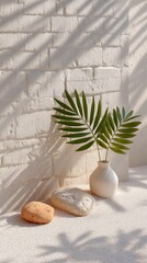 Minimalist Composition of Green Palm Leaves in a White Vase with Textured Rocks on White Gravel in Bright Sunlight Casting Leaf Shadows on a White Brick Wall