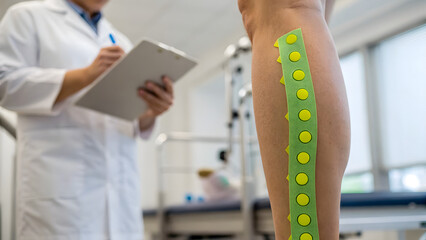 Advanced Gait Training Therapy A doctor examines a patient's leg with a wearable medical sensor patch in a clinical setting.